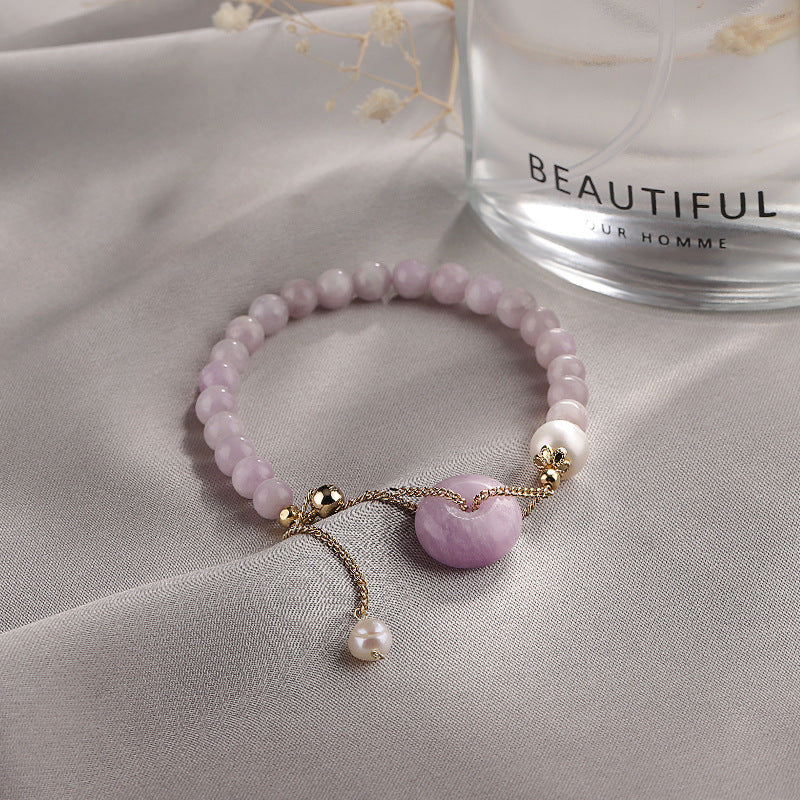 Purple Crystal and Pearl Sterling Silver Bracelet with Slide Buckle