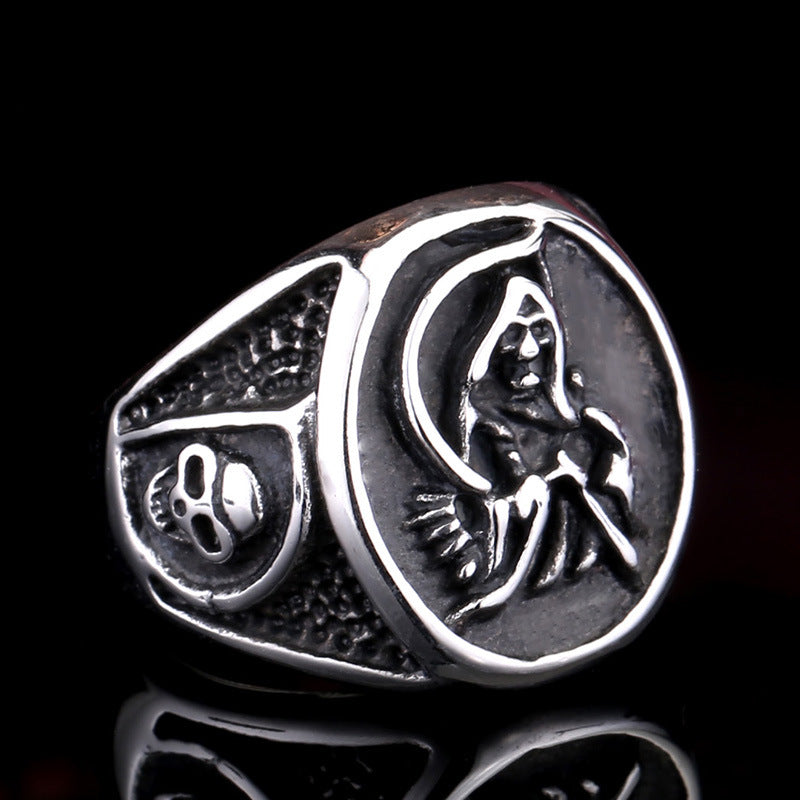 Titanium Steel Reaper Skull Ring for Men - European and American Creative Sickle Design