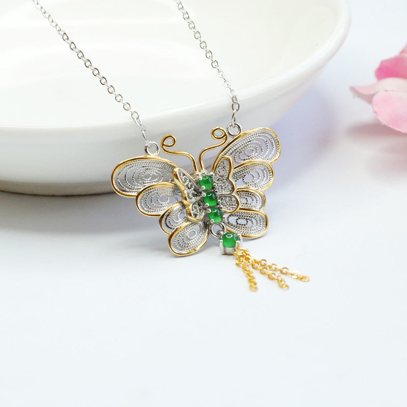 Icy Emperor Green Jade Butterfly Necklace with Gold Trim