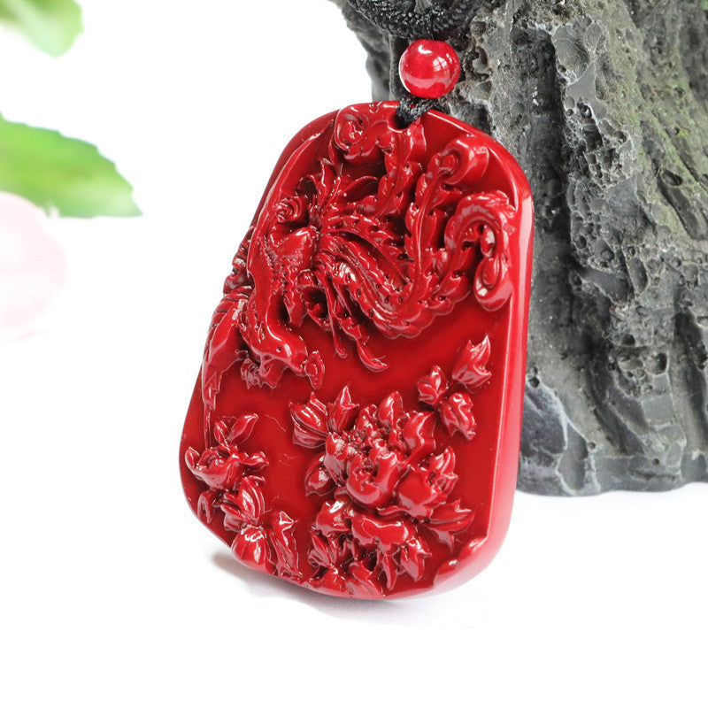 Phoenix Peony Sterling Silver Necklace with Cinnabar Stone