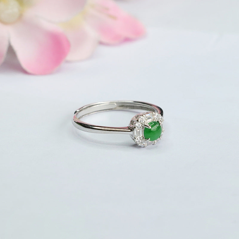 Sterling Silver Adjustable Ice Emperor Green Jade Zircon Ring