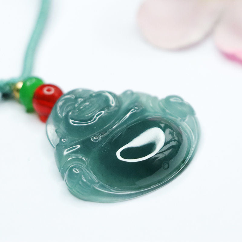 Buddha Jade Necklace with Ice Blue Green Natural Jade Pendant