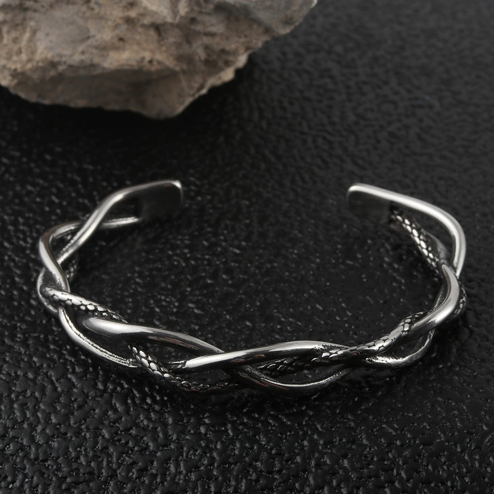 Trendy Men's Titanium Steel Woven Open Bracelet - Elegant Hollow Design for Modern Style