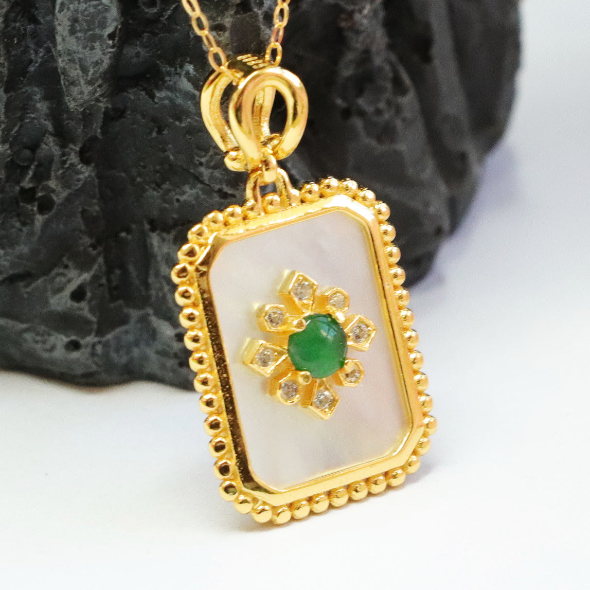 Sterling Silver Jade Bead Necklace with Zircon Flower Pendant