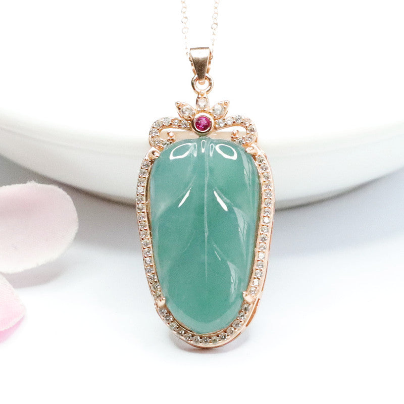 Ice Blue Green Leaf Sterling Silver Zircon Necklace with Jadeite Gemstone