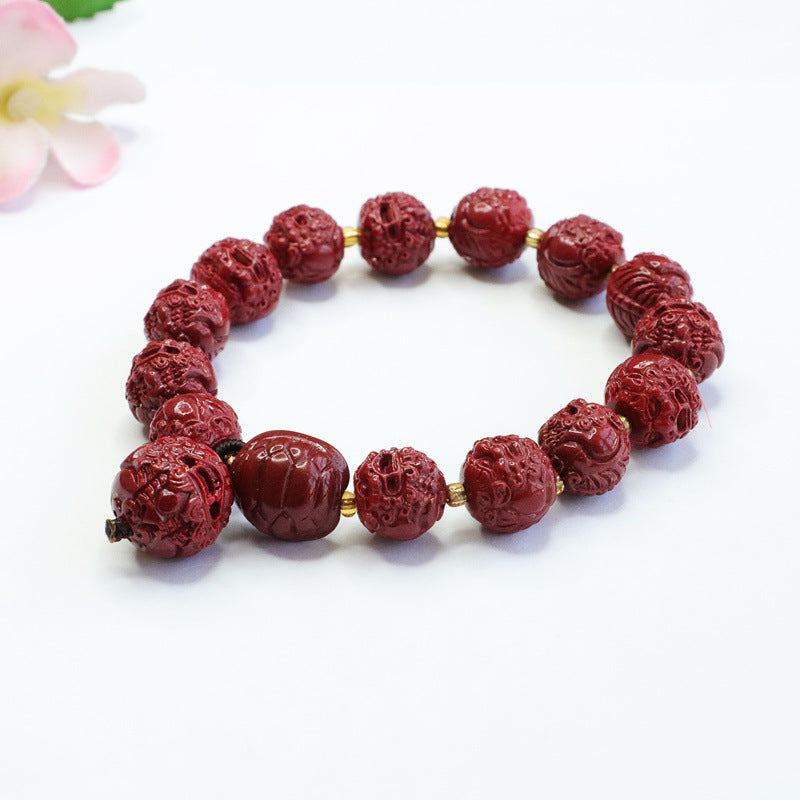 Cinnabar Pixiu Round Bead Sterling Silver Bracelet