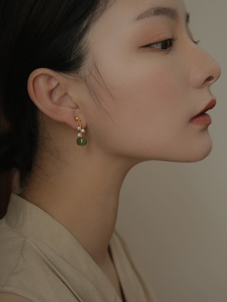 Jade and Pearl Sterling Silver Ear Clip Earrings by Planderful Collection