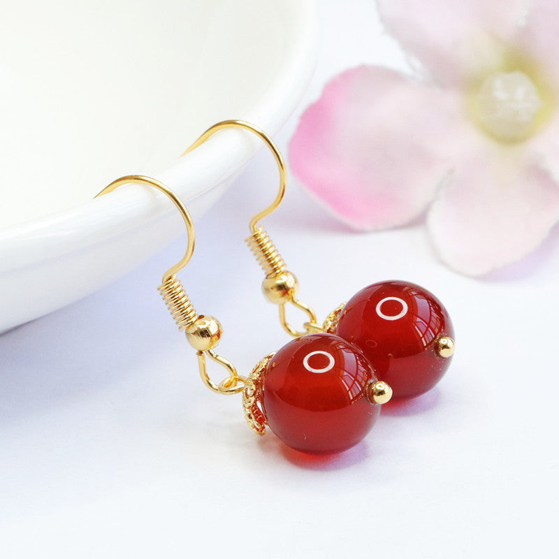 Ear Hooks with Red Agate Beads, Sterling Silver Earrings