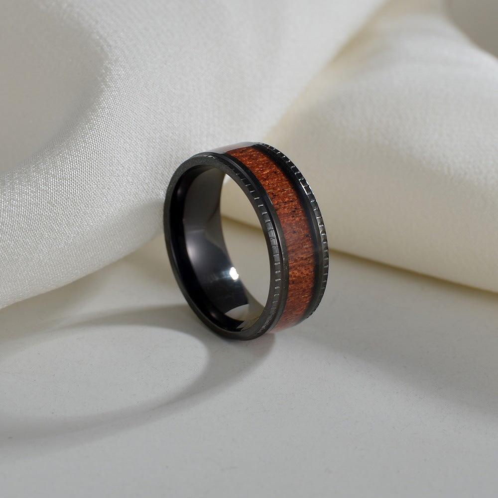 Natural Style Titanium Steel Men's Ring with Acacia Wood Inlay - European and American Design