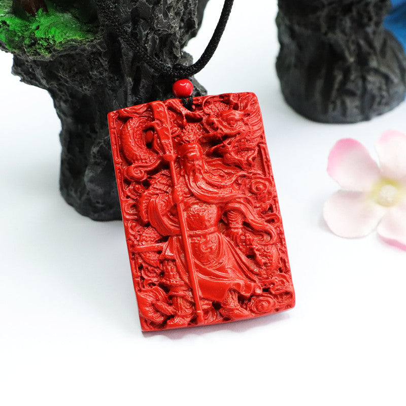 Guan Yu and Dragon Sterling Silver Cinnabar Pendant by Planderful