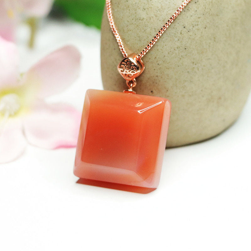 Agate Sugar Cube Pendant Necklace in Sterling Silver with Rose Gold Finish