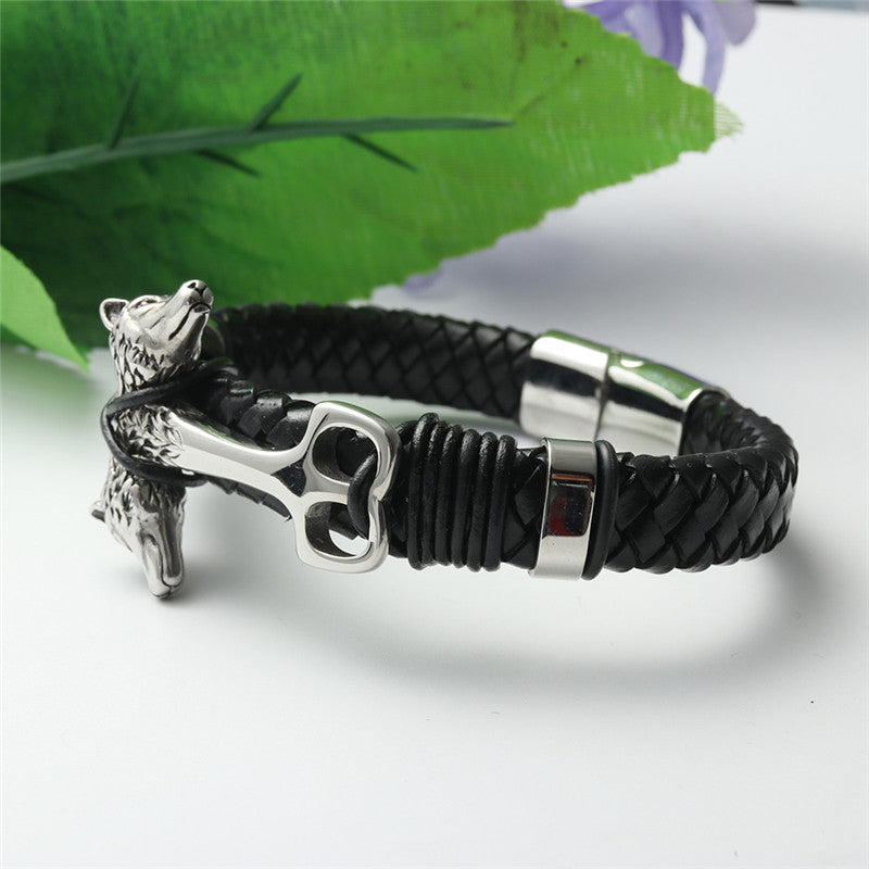 Men's Punk Leather Bracelet with Titanium Steel Wolf Design - Woven Animal Motif