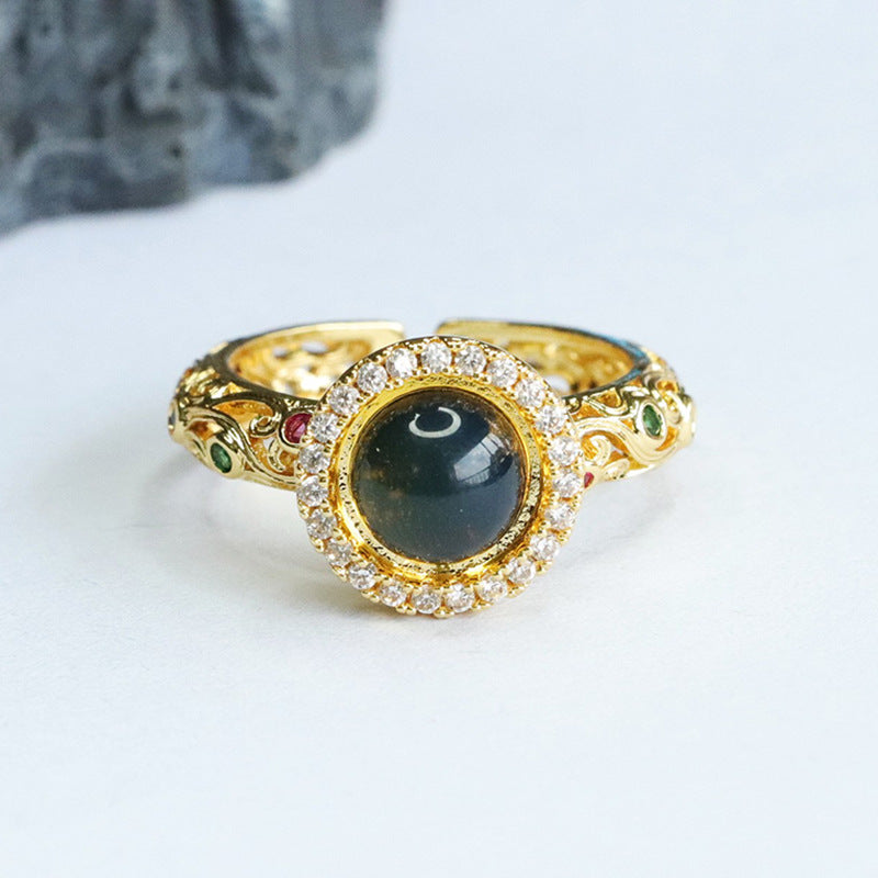 Vintage Sterling Silver Adjustable Blue Amber Ring for Women