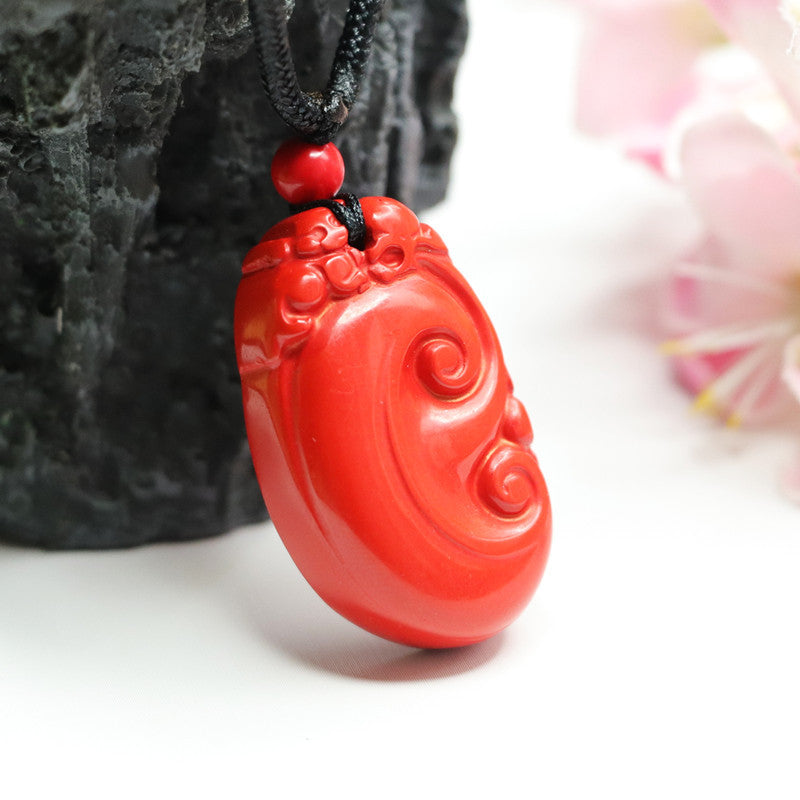 Cinnabar Ruyi Pendant in Red Sand: Sterling Silver Jewelry from Planderful Collection