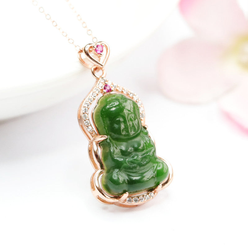 Sterling Silver Baby Buddha Necklace with Natural Hotan Jade Jasper