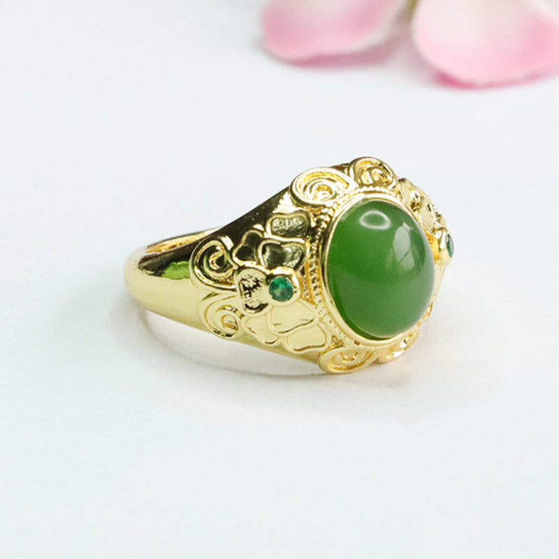 Elegant Green Jade Jasper Bow Pattern Ring with Sterling Silver Detail