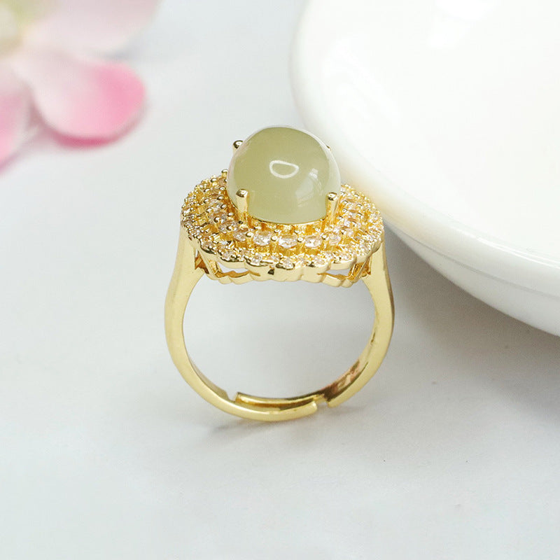 Lavish Jade and Zircon Sterling Silver Ring with Adjustable Design