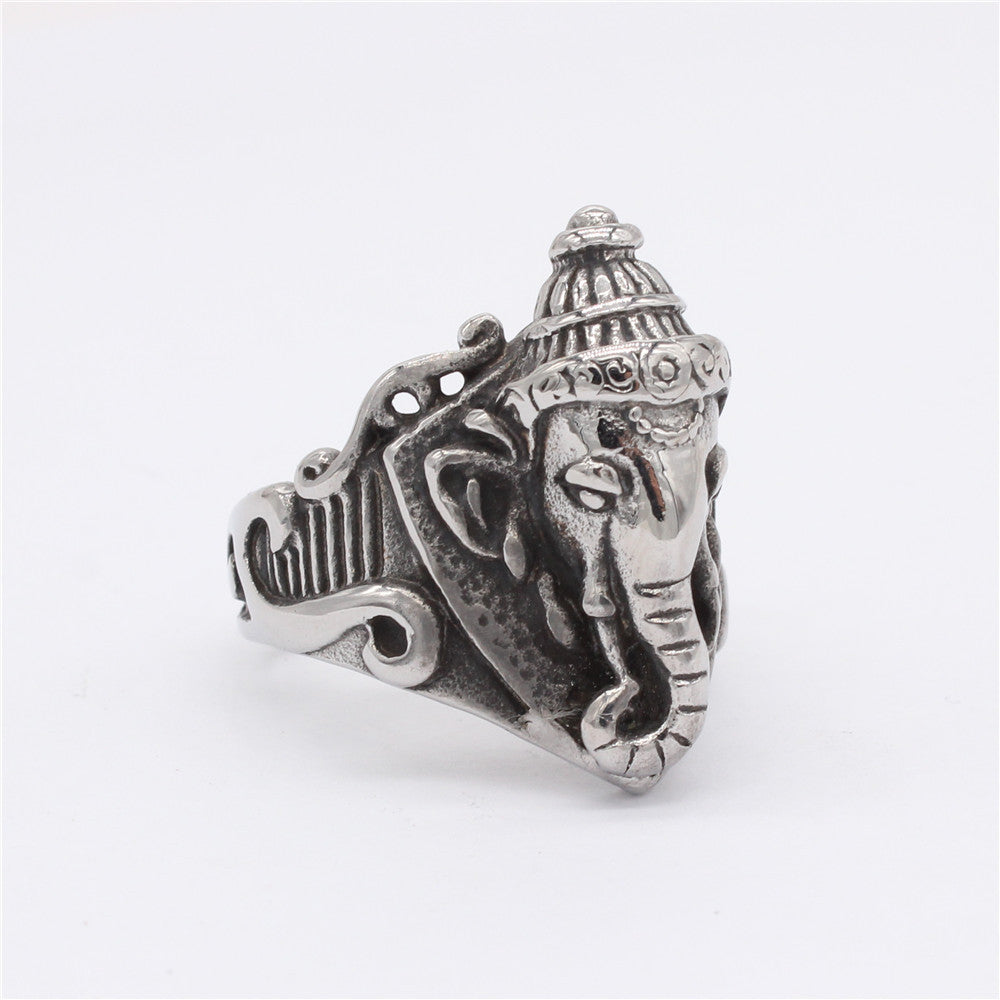 Thai Auspicious Buddha Elephant Titanium Steel Ring for Men