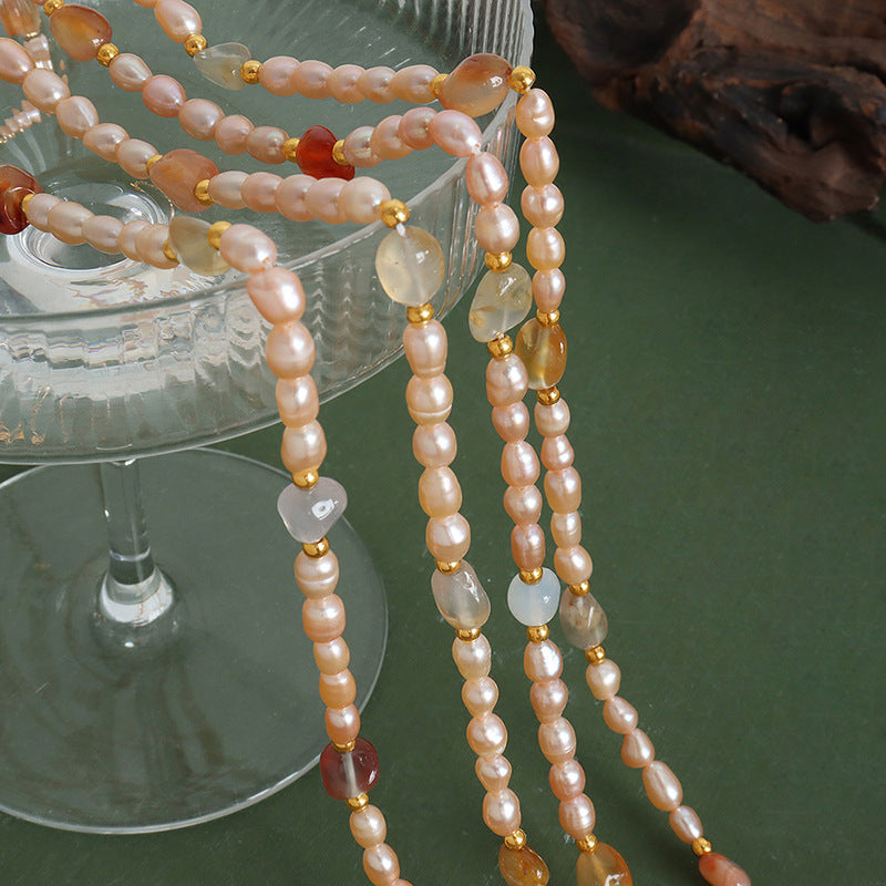 Elegant French Pink Freshwater Pearl Beaded Clavicle Necklace