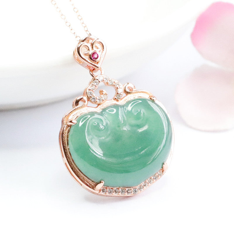 Ice Blue Green Ruyi Jadeite Pendant Necklace with Zircon on Silver Chain