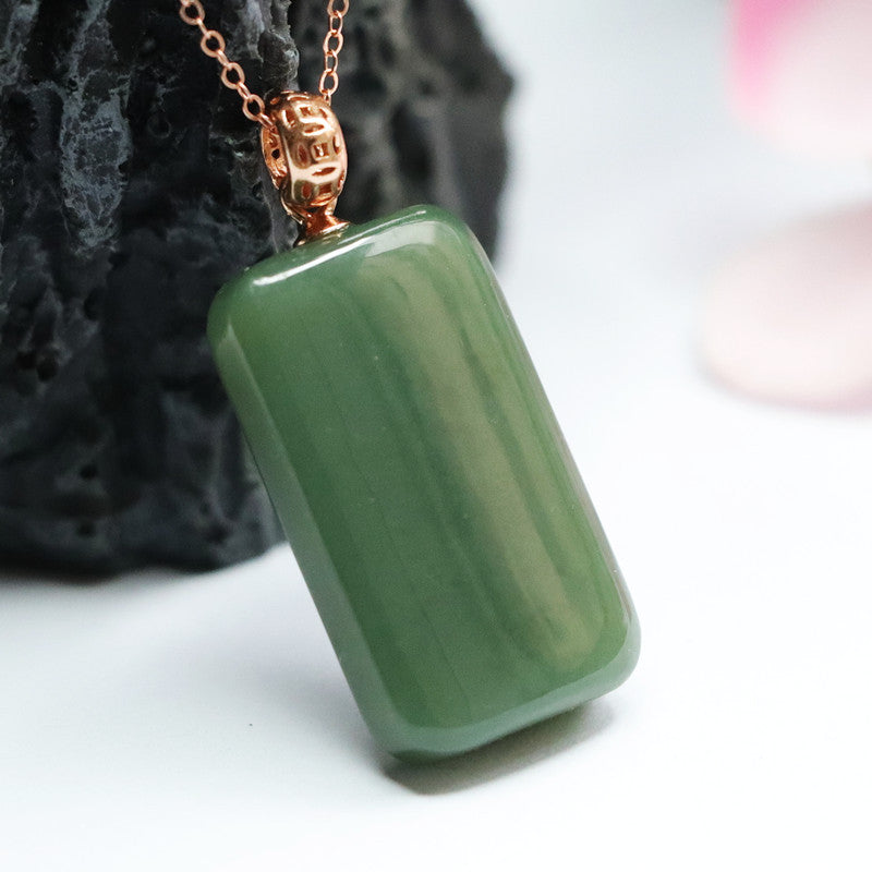 Rectangular Hetian Jade Pendant Necklace in Sterling Silver