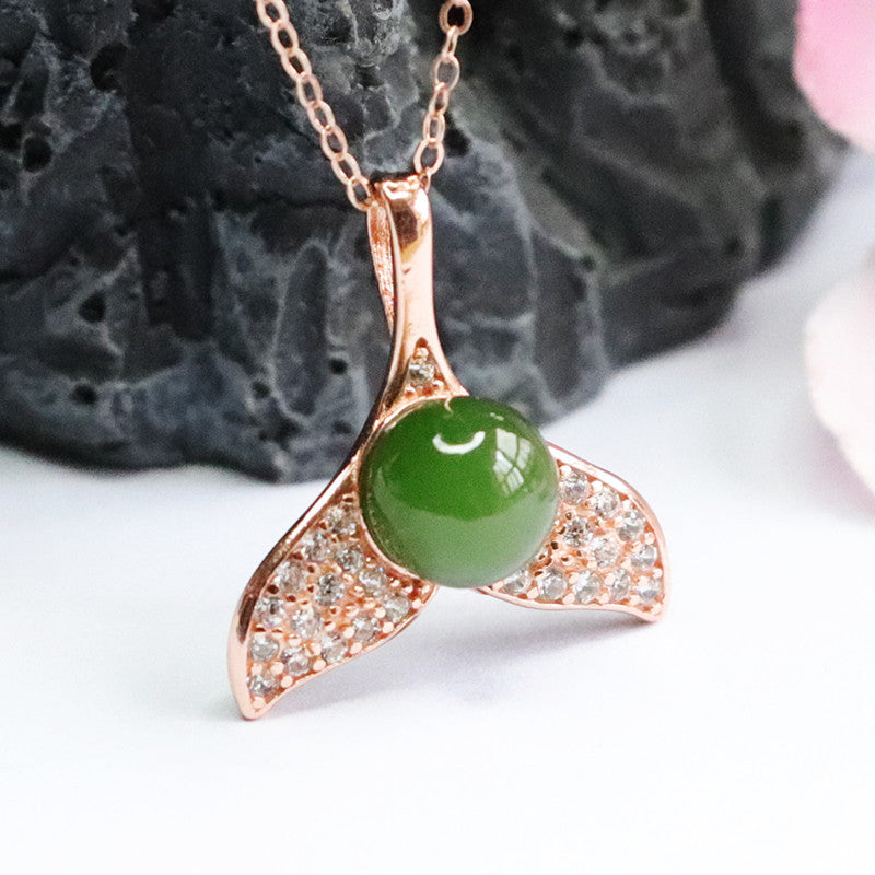 S925 Silver Natural Hotan Jade Jasper Zircon Fishtail Necklace Jewelry