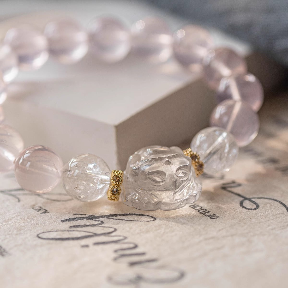 Pink Quartz Sterling Silver Bracelet with White Crystal Fox Gift