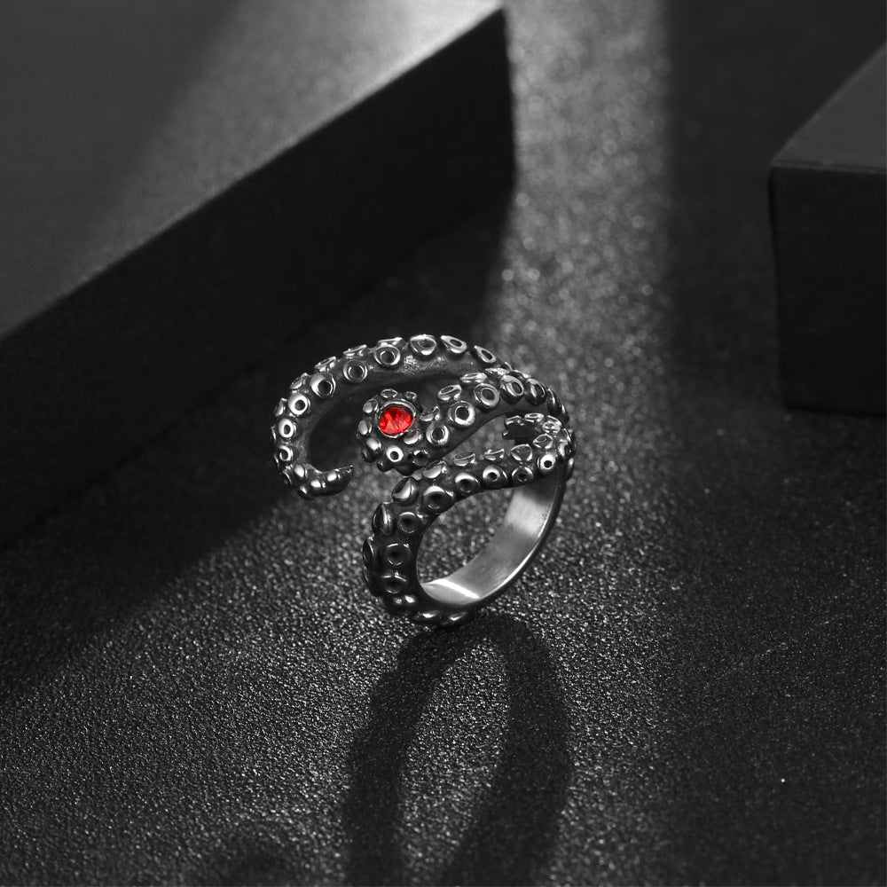 Personalized Retro Octopus Titanium Steel Ring for Couples with Red Zircon - European and American Style