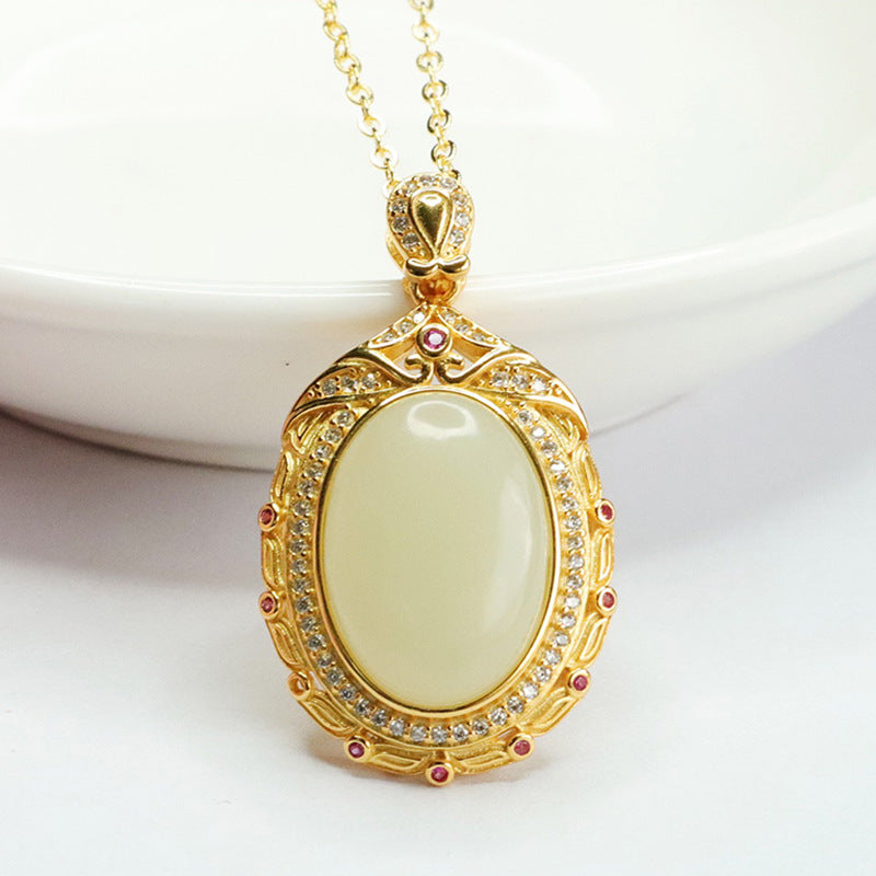 S925 Sterling Silver Oval Jade Necklace with Vintage Hotan Jade Pendant