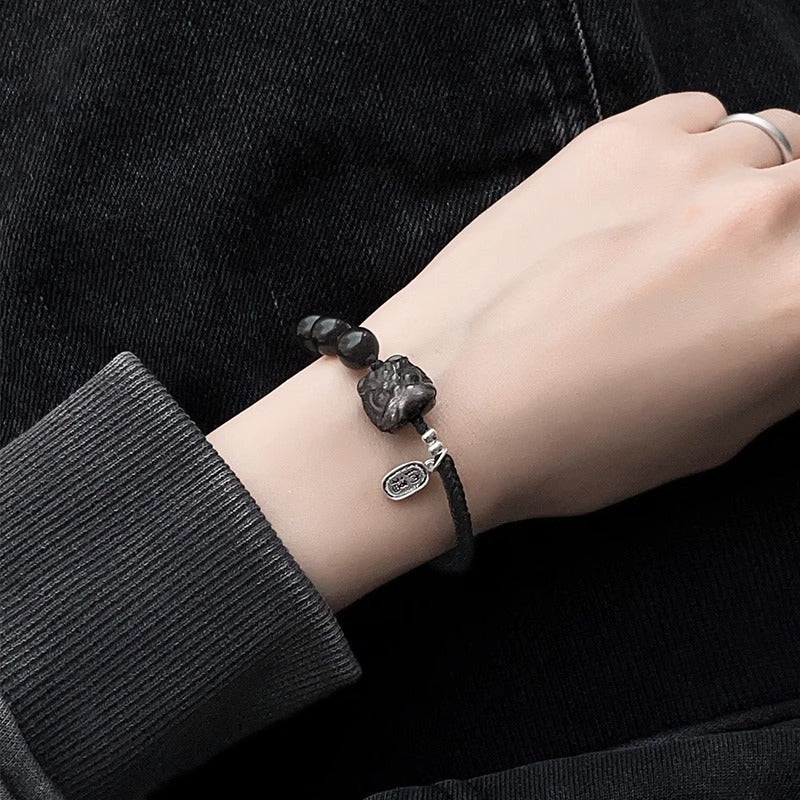 Luxury Obsidian Bracelet with Sterling Silver Lion Dance Design