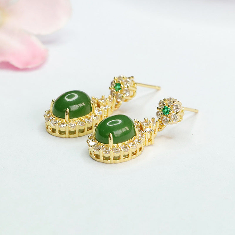 Green and White Zircon Sterling Silver Earrings with Jade Gemstones