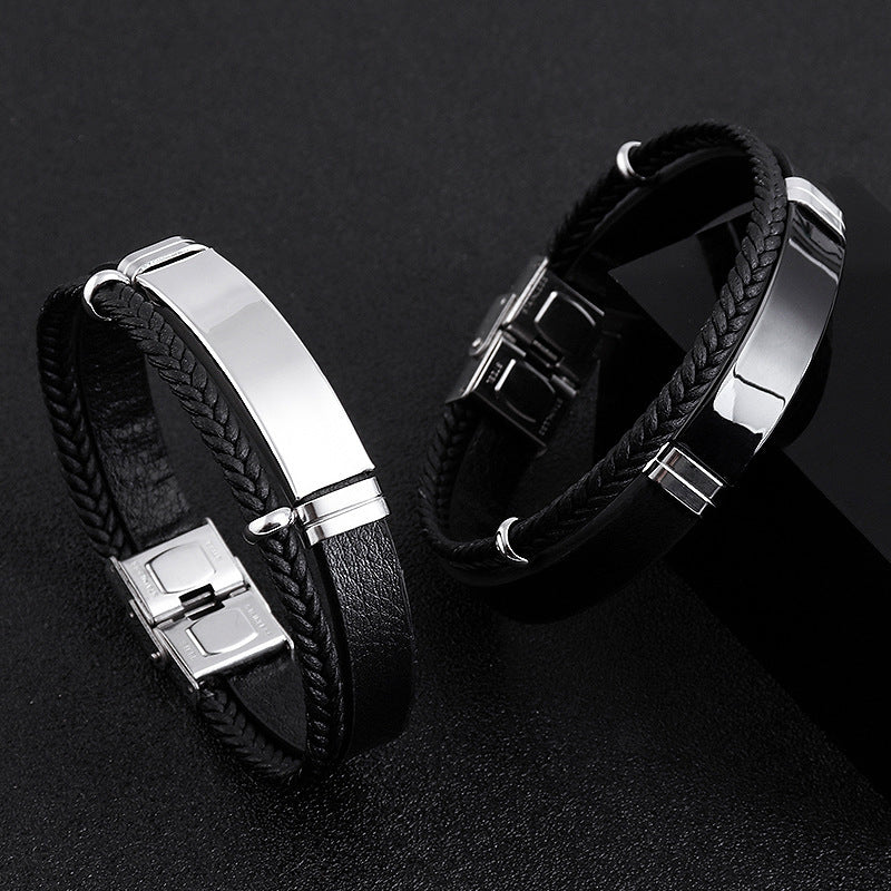 Punk Twist Double-Layer Leather Bracelet with Titanium Steel - Men's Urban Style