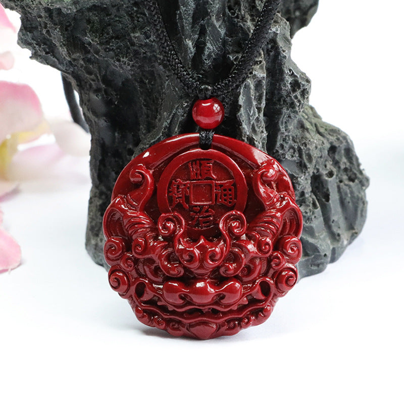 Dragon Head Five Emperor Coin Pendant with Cinnabar Stone