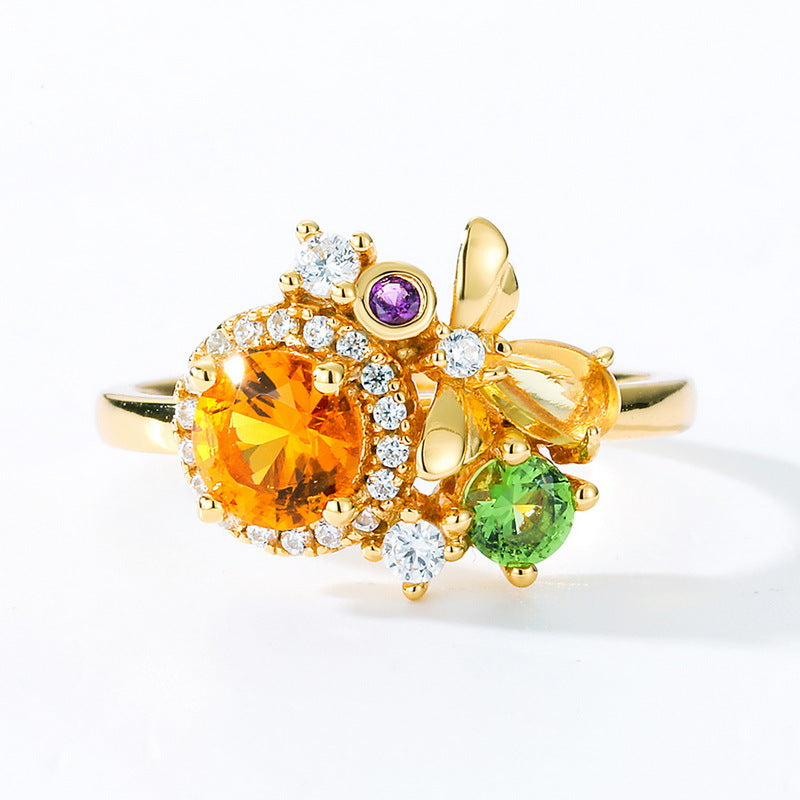 Bee Flower Colourful Gemstones Opening Sterling Silver Ring
