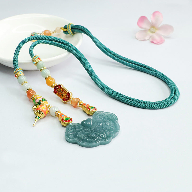 Elegant Ethnic Style Jadeite Ruyi Lock Pendant Necklace with Sterling Silver