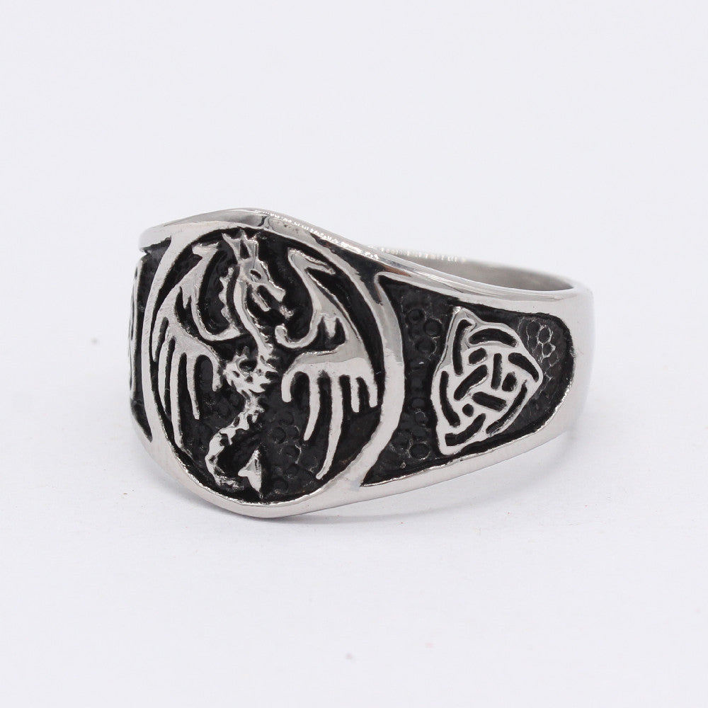 Retro Dragon Clan Logo Men's Titanium Steel Ring with Flying Dragon