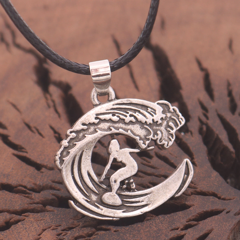 Hawaii Sea Wave Alloy Necklace - Men's Outdoor Pendant with European Charm