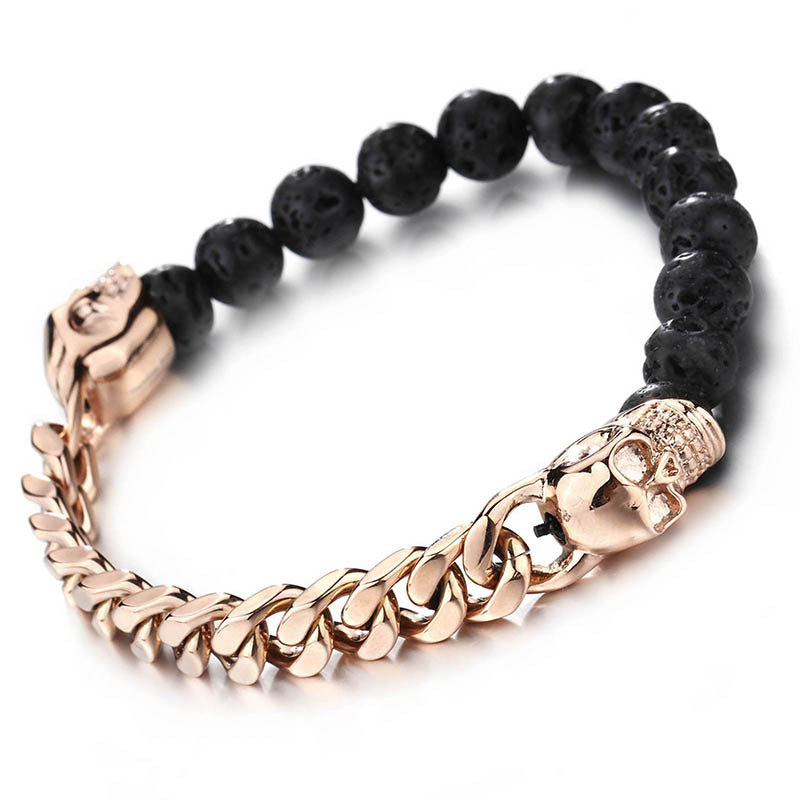 Men's Volcanic Stone Beaded Bracelet with Stainless Steel Skull Buddha Accent