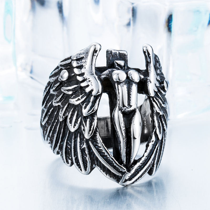 Retro European and American Angel Wings Stainless Steel Ring for Men - Personalized Titanium Cross Design