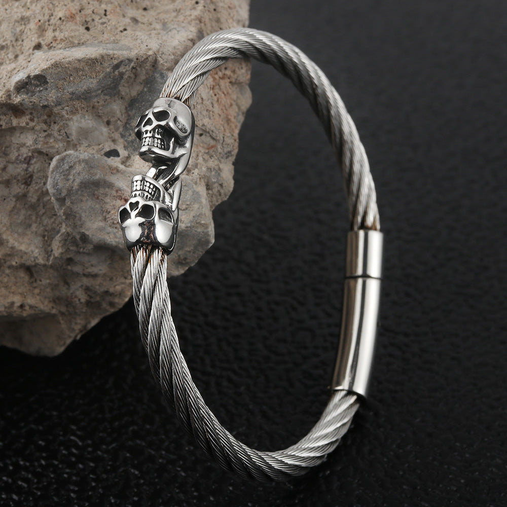 Titanium Steel Double Skull Bracelet for Men - Trendy Fashion Statement from Europe and the USA