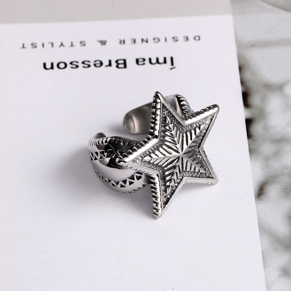 Titanium Steel Open Ring with Five-Pointed Star Design for Boys and Fashionable Women - Korean Style