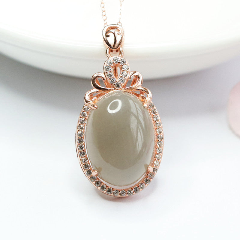 Sterling Silver Necklace with Hotan Jade and Zircon Gemstone