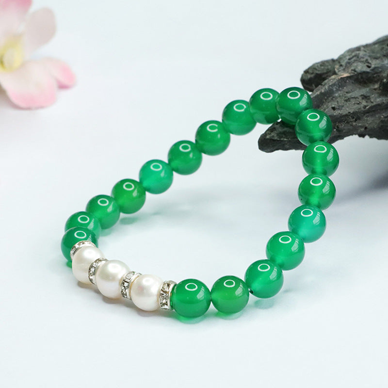 Green Chalcedony and Freshwater Pearl Sterling Silver Bracelet