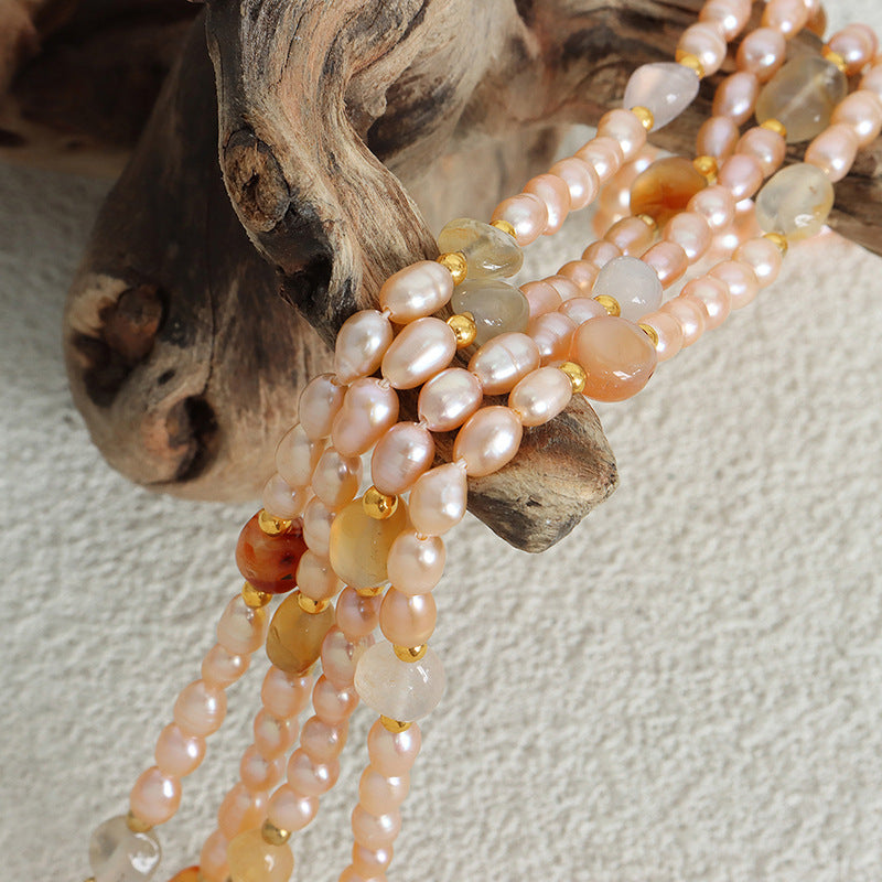 Elegant French Pink Freshwater Pearl Beaded Clavicle Necklace