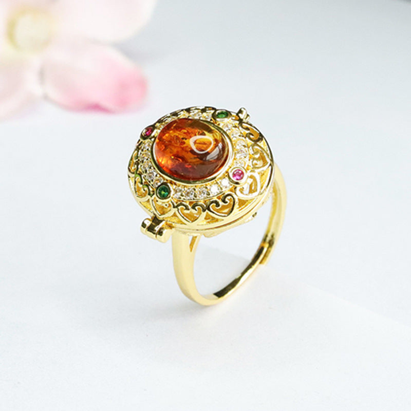 Amber Flower Bud Sterling Silver Adjustable Ring