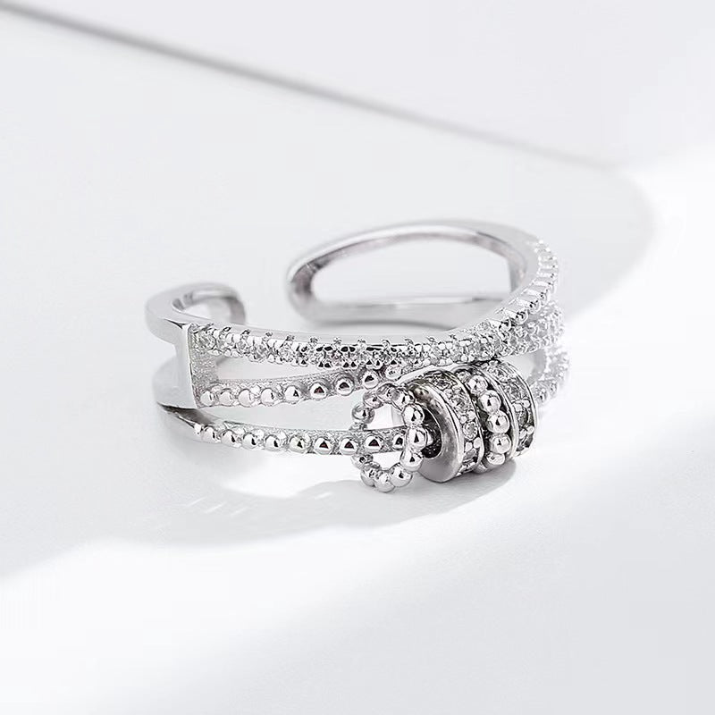 Rotatable Beads Design Zircon Three Layered Opening Sterling Silver Ring