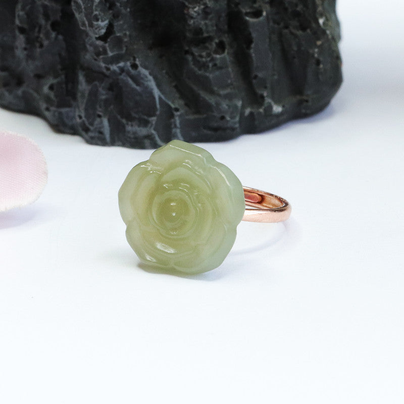 Sterling Silver Hetian Jade Rose Ring in Adjustable Design