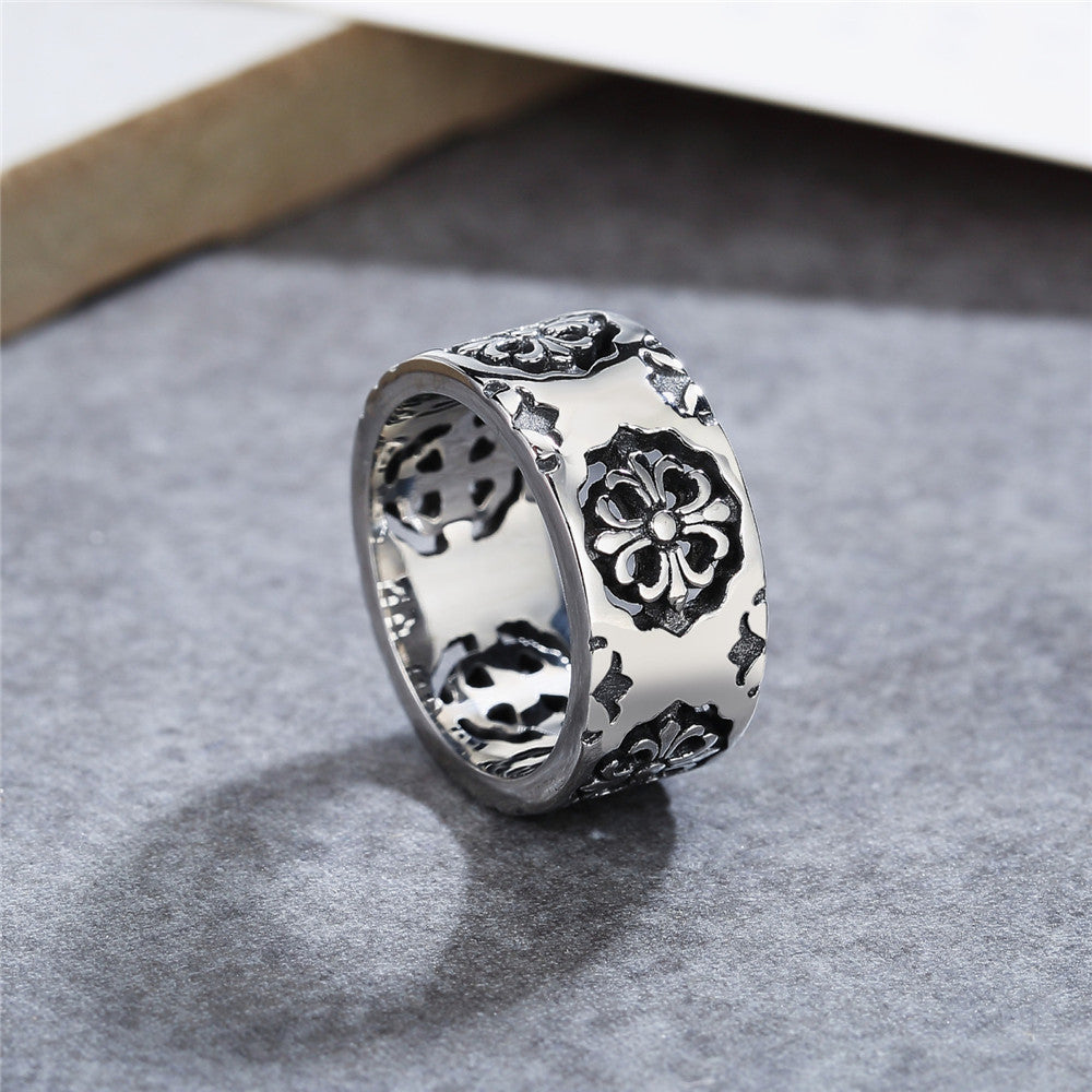 Hollow Cross Flower Pattern Titanium Steel Ring for Men