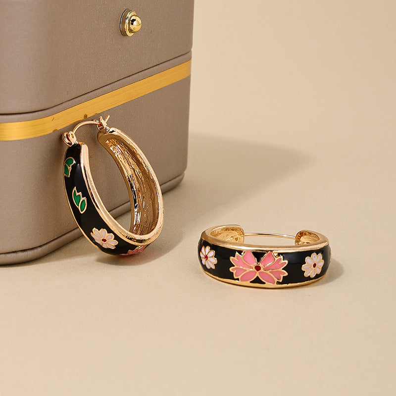 Exquisite Retro Flower Circle Earrings with Micro-Inlaid Color Details