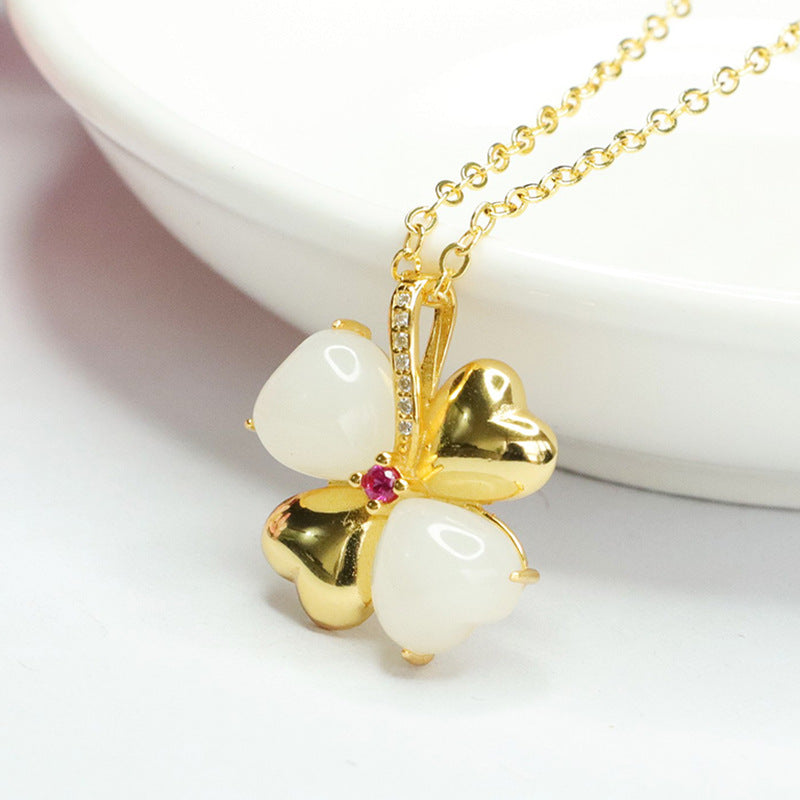 White Jade Love Clover Necklace crafted from Sterling Silver and Jade